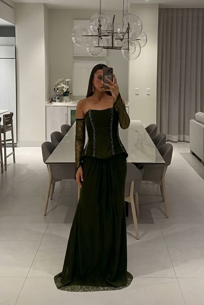 Haki Peplum Detaylı  Dantelli Abiye  Elbise