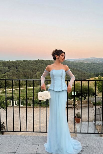 Bebe Mavi Peplum Detaylı  Dantelli Abiye  Elbise