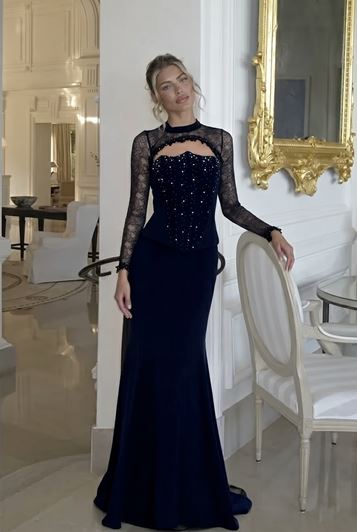 Abito da sera blu navy con dettaglio a corsetto e inserti in pizzo 