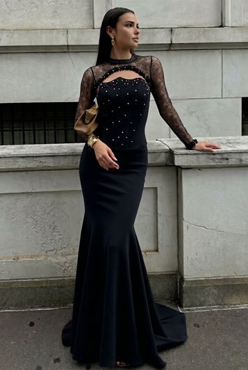 Abito da sera nero con dettagli a corsetto e effetto pizzo 