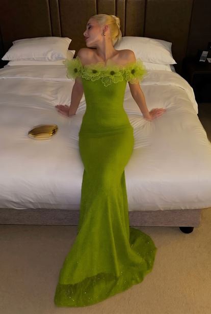 Apple Green Sequin Evening Dress with Floral Embroidery