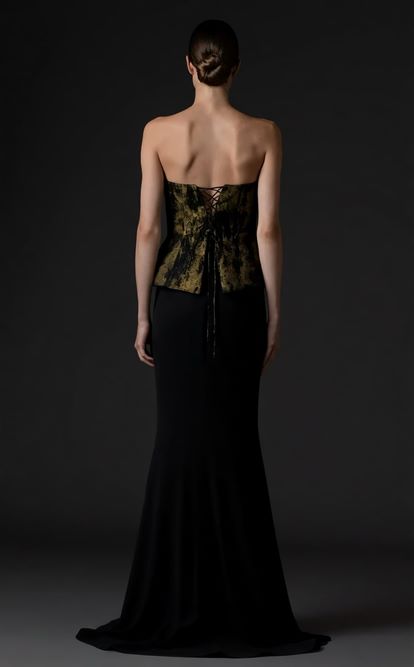 Gold Straplez Peplum Kesim Abiye Elbise