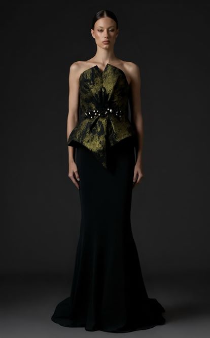 Gold Straplez Peplum Kesim Abiye Elbise