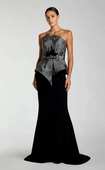 Gümüş Straplez Peplum Kesim Abiye Elbise