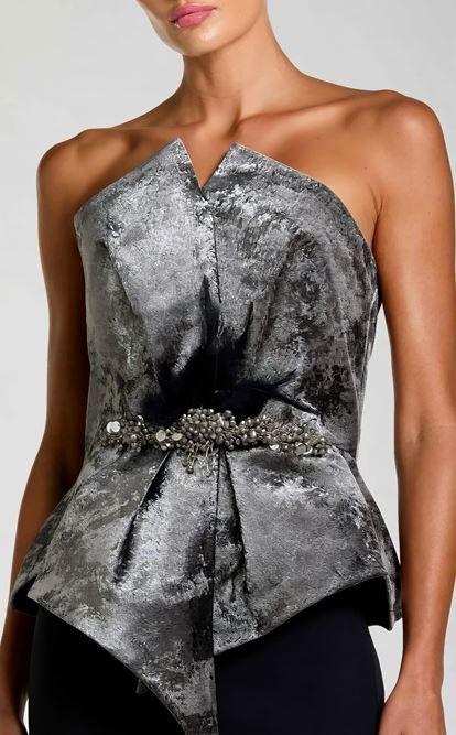 Gümüş Straplez Peplum Kesim Abiye Elbise