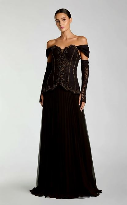 Kahverengi Düşük Omuzlu Pileli Abiye Elbise