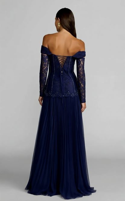 Lacivert Düşük Omuzlu Pileli Abiye Elbise