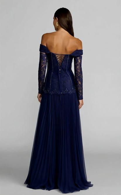 Lacivert Düşük Omuzlu Pileli Abiye Elbise