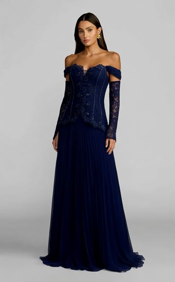 Lacivert Düşük Omuzlu Pileli Abiye Elbise