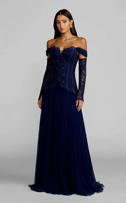 Lacivert Düşük Omuzlu Pileli Abiye Elbise