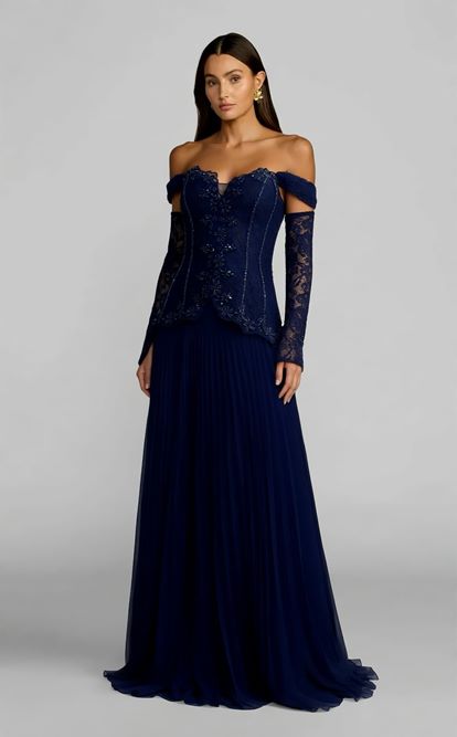 Lacivert Düşük Omuzlu Pileli Abiye Elbise