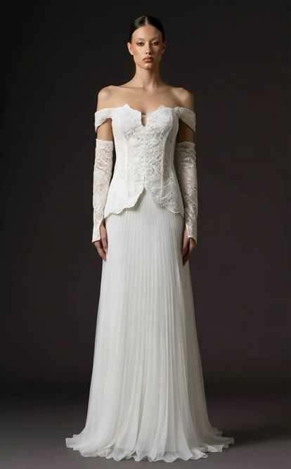 Kemik Düşük Omuzlu Pileli Abiye Elbise