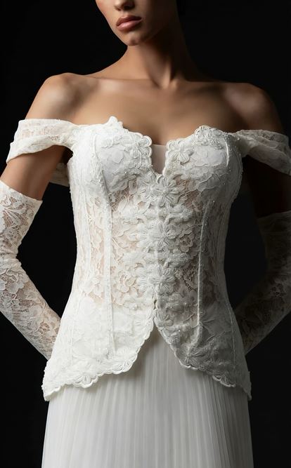 Kemik Düşük Omuzlu Pileli Abiye Elbise