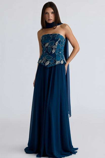 Petrol İşlemeli Büstiyerli Abiye Elbise