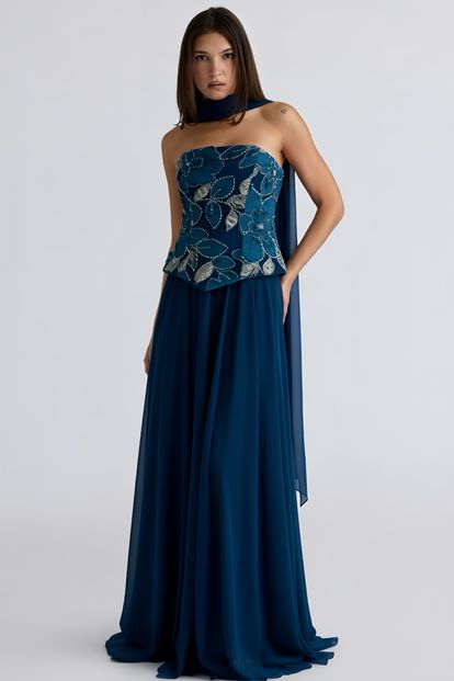 Petrol İşlemeli Büstiyerli Abiye Elbise