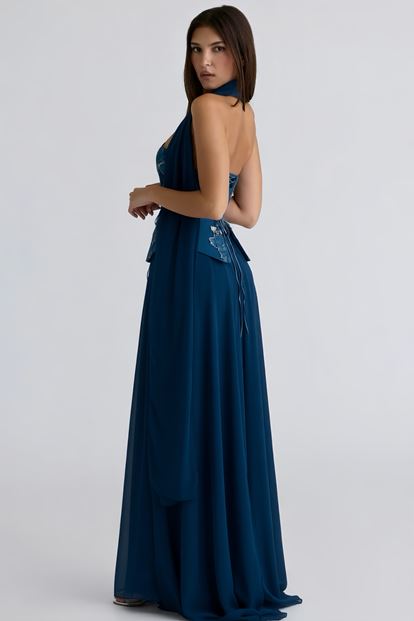 Petrol İşlemeli Büstiyerli Abiye Elbise