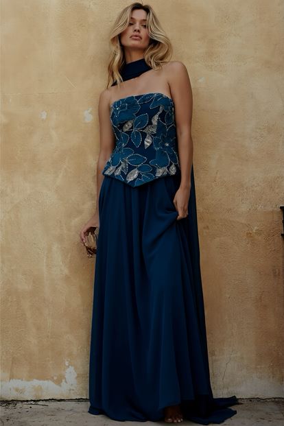 Petrol İşlemeli Büstiyerli Abiye Elbise