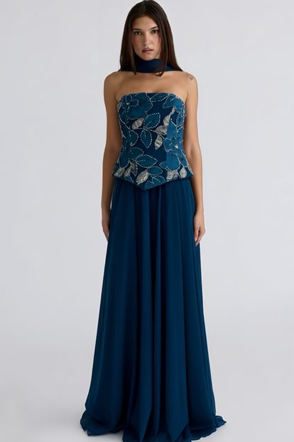 Petrol İşlemeli Büstiyerli Abiye Elbise