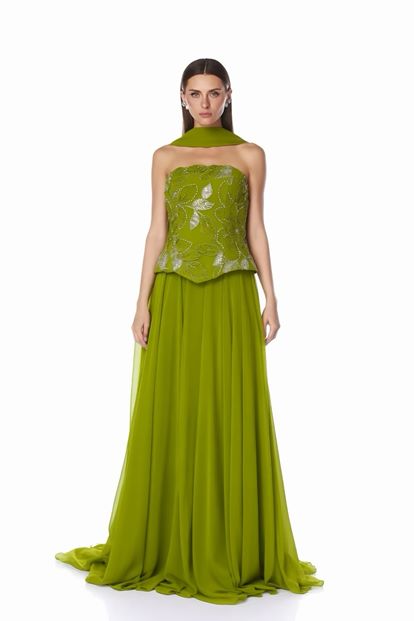 Haki İşlemeli Büstiyerli Abiye Elbise