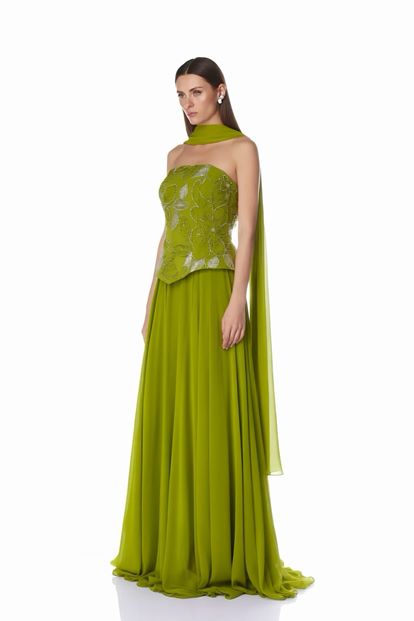 Haki İşlemeli Büstiyerli Abiye Elbise