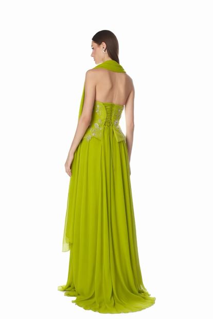 Haki İşlemeli Büstiyerli Abiye Elbise