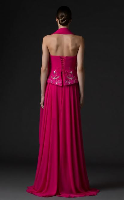 Fuşya İşlemeli Büstiyerli Abiye Elbise