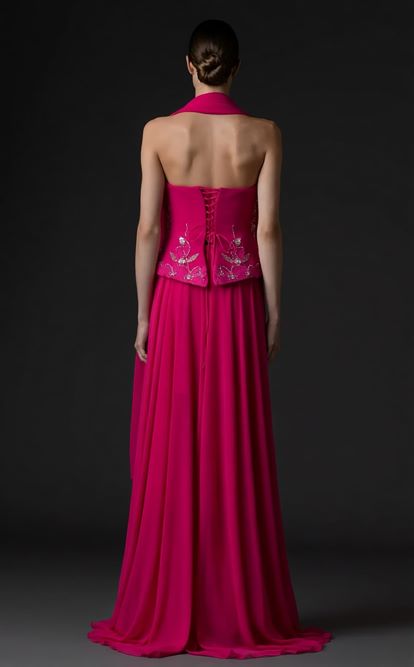 Fuşya İşlemeli Büstiyerli Abiye Elbise