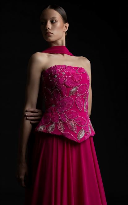 Fuşya İşlemeli Büstiyerli Abiye Elbise