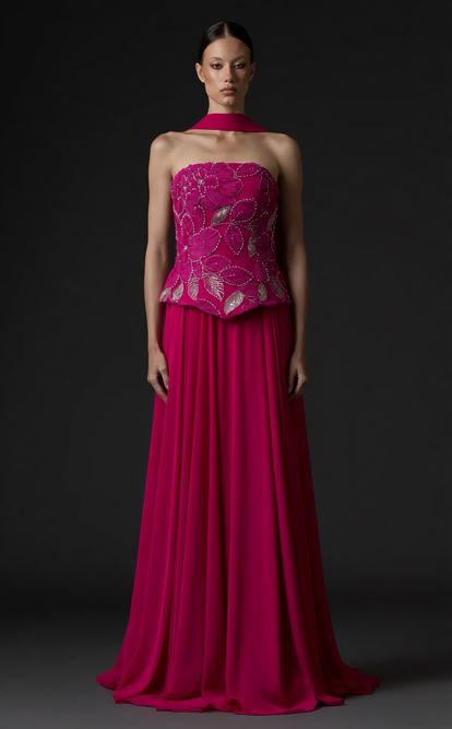 Fuşya İşlemeli Büstiyerli Abiye Elbise