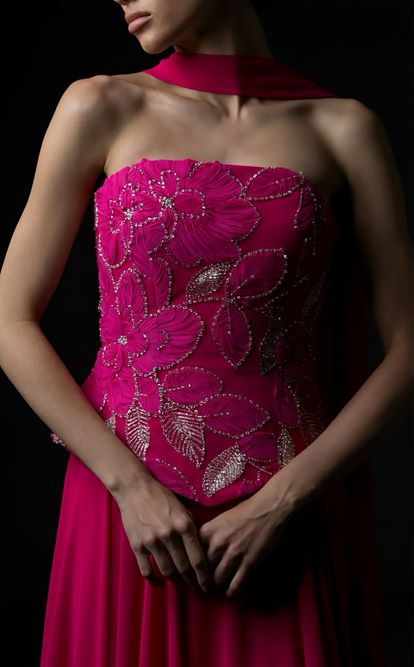 Fuşya İşlemeli Büstiyerli Abiye Elbise