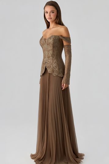 Vizon Düşük Omuzlu Pileli Abiye Elbise