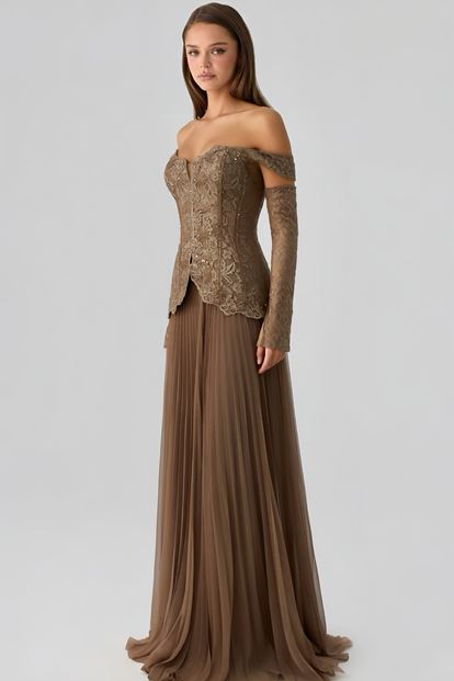 Vizon Düşük Omuzlu Pileli Abiye Elbise