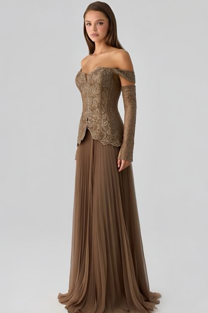 Vizon Düşük Omuzlu Pileli Abiye Elbise