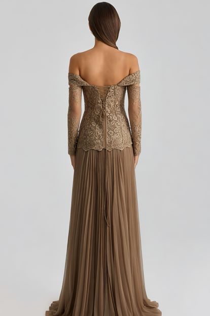 Vizon Düşük Omuzlu Pileli Abiye Elbise