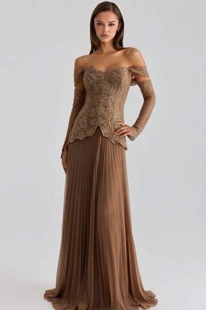 Vizon Düşük Omuzlu Pileli Abiye Elbise