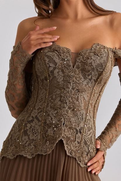 Vizon Düşük Omuzlu Pileli Abiye Elbise