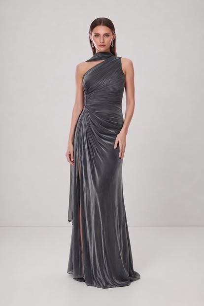 Gri Belden Taş Detaylı Abiye Elbise