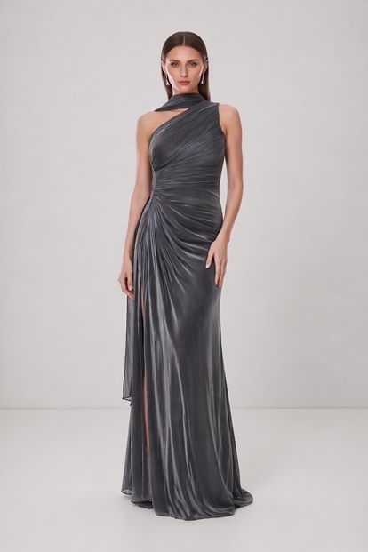 Gri Belden Taş Detaylı Abiye Elbise