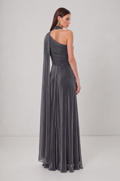 Gri Belden Taş Detaylı Abiye Elbise