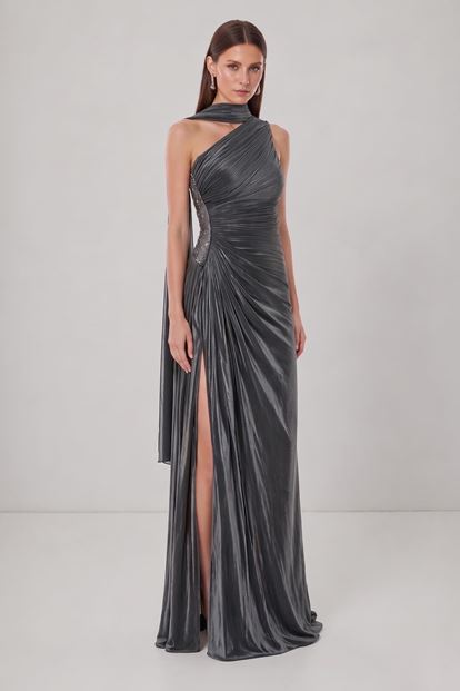 Gri Belden Taş Detaylı Abiye Elbise