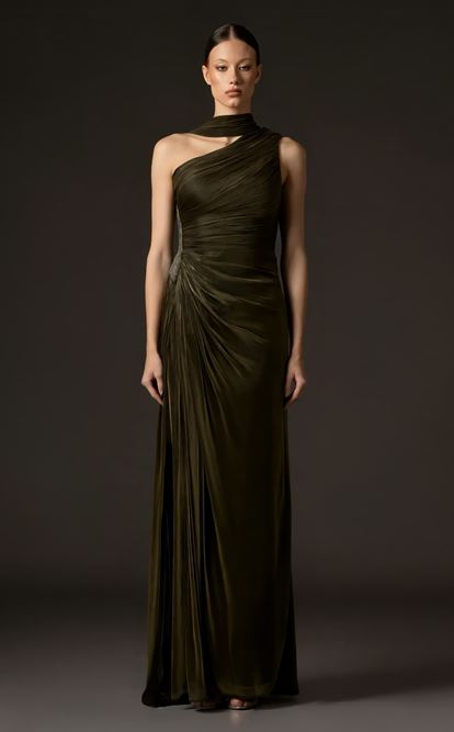 Koyu Kahve Belden Taş Detaylı Abiye Elbise