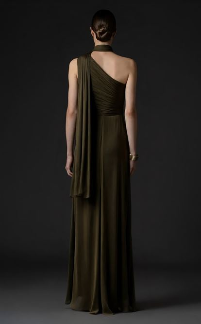 Koyu Kahve Belden Taş Detaylı Abiye Elbise