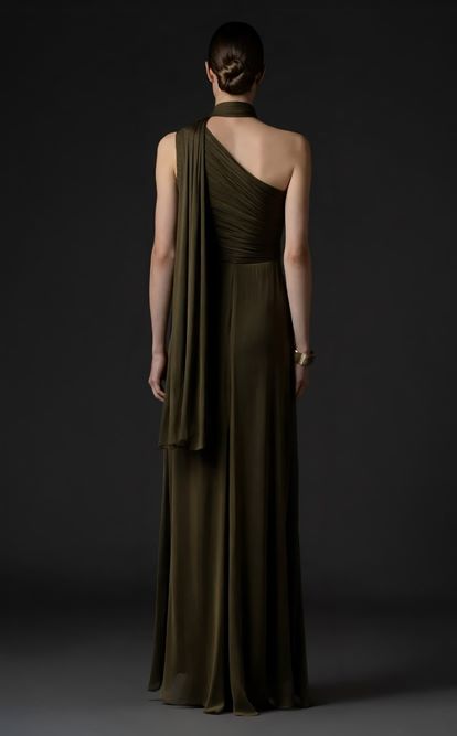 Koyu Kahve Belden Taş Detaylı Abiye Elbise