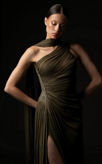 Koyu Kahve Belden Taş Detaylı Abiye Elbise