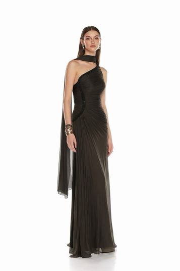 Açık Kahve Belden Taş Detaylı Abiye Elbise