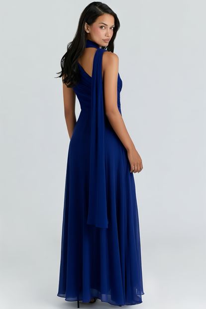 Lacivert Belden Taş Detaylı Abiye Elbise