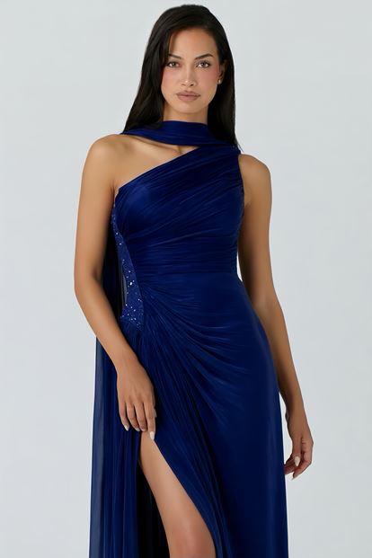 Lacivert Belden Taş Detaylı Abiye Elbise