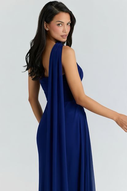 Lacivert Belden Taş Detaylı Abiye Elbise