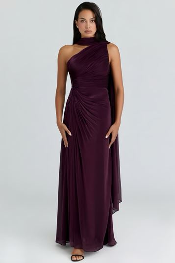 Mor Belden Taş Detaylı Abiye Elbise