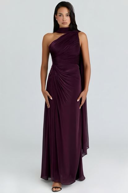 Mor Belden Taş Detaylı Abiye Elbise